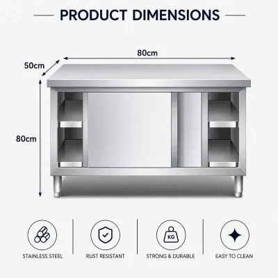 YOYO 304 Stainless Steel Kitchen Storage Work Table | Sliding Door Cabinet | Commercial Food Prep Workbench | Heavy Duty Organizer