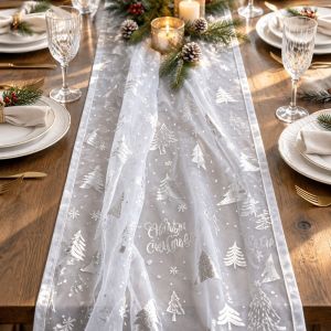 HORAC Bronzing Tulle Table Runner Christmas Tree Pattern Glitter Sheer Gauze Table Runner Craft Projects Translucent Christmas Tulle Fabric Christmas Dining Table Decor