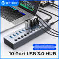 ORICO Transparent Aluminum Powered USB 3.0 HUB 7/10/13/16 Ports USB Extension with On/Off Switches 12V Power Adapter Support BC1.2 Charging Splitter. 