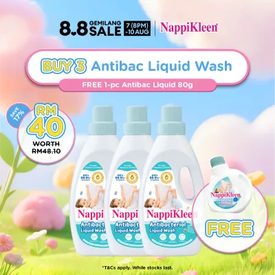 [8.8 Exclusive] Nappikleen Anti-Bacterial Liquid Wash 1KG x3 + Nappikleen Antibacterial Liquid Wash 80g