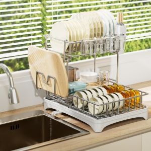 2-Layer Stainless Steel Drain Rac Kitchen Dish Drying Rack Plate Storage Rack Set Space-Saving Cutlery Rack
