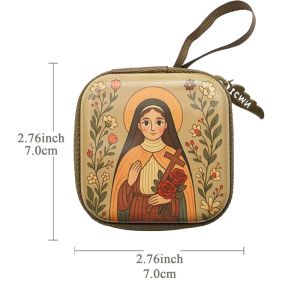OURTOUR Virgin Mary Prayer Rosary Storage Bag Zippered 7x7cm Christian Jewelry Box Portable Cartoon Prayer Kit Devotees