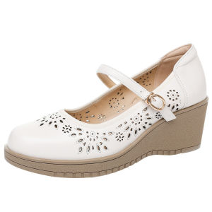 2025 Summer New Breathable Mid-Heel Perforated Sandals Round Toe Buckle Retro Style Comfortable Soft Leather WomenS Shoes