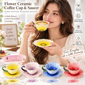 XIJIBAN Hình hoa Bộ tách và đĩa lót cà phê bằng gốm Dụng cụ nhà bếp Đồ dùng bàn ăn Bộ tách trà hoa Cổ điển Vẽ tay Bộ tách cà phê họa tiết hoa Trà chiều