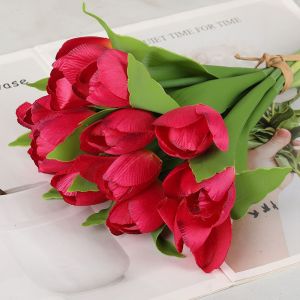 LUXURYLYN 12 Heads Tulip Artificial Flower Green Leaves Multicolor Faux Flower Creative Photo Props Simulation Tulip Flower Home Decoration