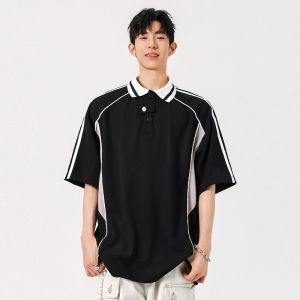 iymuymn Oversize Stripe Short Sleeve Polo Shirt  Korean Style Loose Casual TOP for MEN