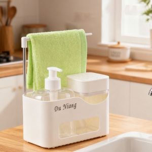 WANGCAI Plastic Hand and Dish Soap Dispenser Set 4-in-1 Refillable Shampoo Bottle Multi-functional with Sponge Holder Press Soap Dispenser for Home
