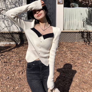French Elegant Knit Square Neck Crop Tops Women Trendy Korean Style Puff Sleeve Slim Blouse for Women(40-65kg)