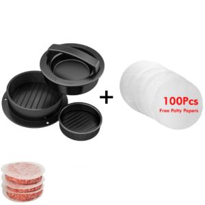 Hamburger Press Patty Maker 3 in 1 Stuffed Burger Press Patty Maker Meat Press Stuffed Burger Maker Hamburger Maker Press With 100 Patty Papers Round Non-Stick Meat Beef Grill Burger Press Patty Mold