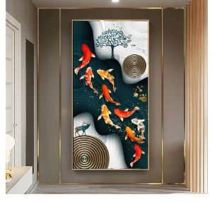 Tranh Treo Tường Tráng Gương Pha Lê Cao Cấp hoa Sen cá chép Trang Trí Phòng Khách Sang Trọng Hiện Đại PVP-DC345 KT: 60CMX120CM