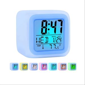 Colorful LED Digital Alarm Clock with Temperature Display – Silent Luminous Square Design 7-Day Weather Forecast Date & Time Display AAA Battery Powered (Batteries Not Included) Alarm Clocks for Bedrooms