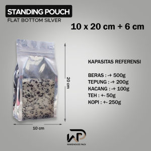 ( 10 Pcs ) Standing Pouch Flat Bottom Silver Metalized Foil I Kemasan Kopi Snack I Kemasan Paper Ziplock Silver Metalized Foil | Kemasan Biji - Bijian | Kemasan Daun Teh