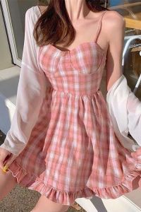 RF studio new summer sweet pink plaid suspender dress womens summer small fresh student skirt Korean version girl