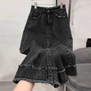 ins Plus size Slit raw edge design denim skirt for women girls high waist