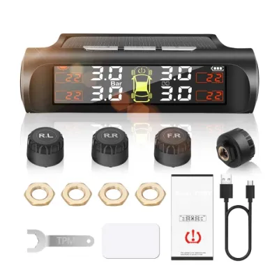 หน้าจอ LCD พลังงานแสงอาทิตย์ระบบการตรวจสอบแรงดันยางรถยนต์ไร้สายเซนเซอร์วัดความดันล้อสากล TPMS มี4เซ็นเซอร์ภายนอก