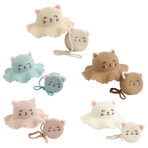 Cat-ear Shaped Summer Straw Hat with Smiling Face Cute Straw Bag Large Brim Hat Sun Hat with Smile-Face Design Gift