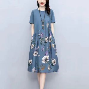 Cotton linen loose dress women summer print casual Aline dress women slimMm