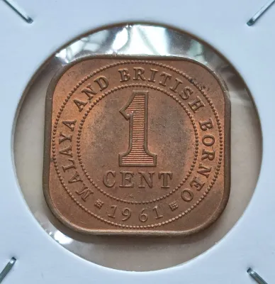 (5 coins for $9) Malaya and British Borneo Queen Elizabeth II One Cent Coin (Year 1961) (Good circulated condition coin)(Coin in cardholder)