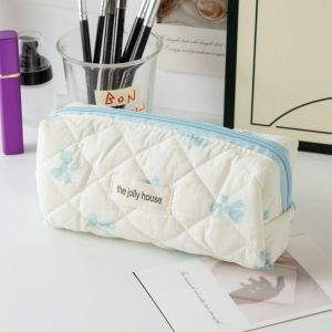Student Pen Pouch Floral Quilted Bow Pencil Bags Small Large-Capacity INS Style Cosmetics Storage Bag school stationery