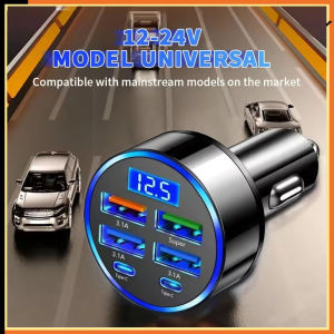 Car Mounted Charger with Led Digital Display 6 in 1 Quick Adapter 4 Usb Port 2 Type-C Pd Car Charging Station Charger