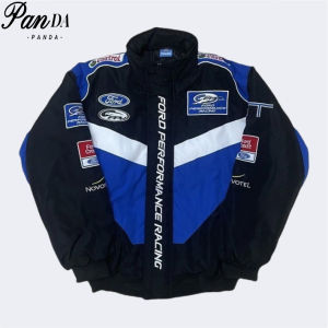 PANDA Ford F1 Cycling Jacket For Men Cotton blue F1 Formula 1 Jackets Retro V-neck Winter Outfit Coat With Zipper Suitable Outdoor