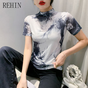 REHIN New stylish half-high collar unique pattern mesh printed short sleeve T-shirt slim-fit base shirt womens top