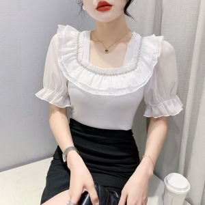 YIMEI ผ้าฝ้ายบริสุทธิ์เสื้อยืดปักหมุดแขนสั้นเข้ารูปหูขอบสั้นสำหรับผู้หญิงใส่ในฤดูร้อนเสื้อยืดของผู้หญิงสีขาวคอสี่เหลี่ยมใส่สบาย