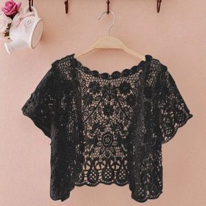 GTRBFDS Open Front Bridal Summer Jacket Crop Style Black/White Lace Cape Elegant Floral Pattern Knit Vest for Women