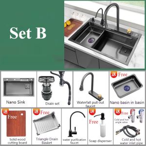 ZX 304 Stainless Steel Nano Kitchen Waterfall Sink/pull Faucet Large Single Sink/cup Washer SetFast shipping