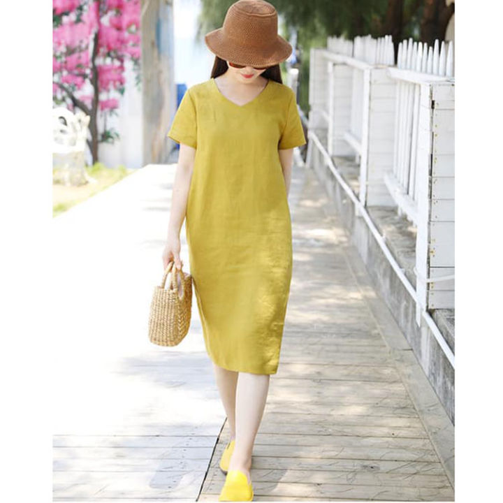 Review Đầm suông linen cổ tầu túi bên hông LAHstore, chất liệu vải linen tự  nhiên, thời trang phong cách Hàn