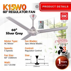 KDK K15W0 60" 3 Blades AC Motor Ceiling Fan with 5 Speeds Control K15W0-SL Regulator Type Celling Fan Kipas Siling