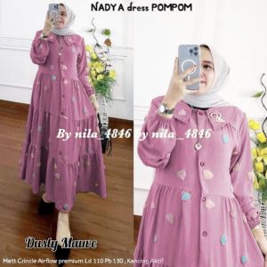 DRESS MIDI GAMIS KANCING LENGAN PANJANG POMPOM CERINGKEL AIRFLOW EMBROIDERY ORY