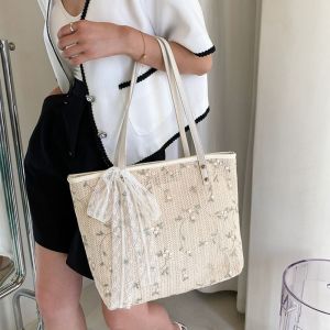 THREADJOY ความจุขนาดใหญ่ กระเป๋าสะพายไหล่ทอจากฟาง ลูกไม้ ทำด้วยมือ กระเป๋าชายหาด แฟชั่น แบบพกพา กระเป๋าถือ ชายหาด