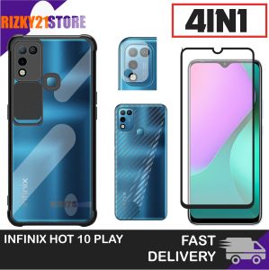 NEW!!! Case Infinix Hot 10 Play / Infinix Hot 11 Play Paket 4in1 Softcase Slide Transparan Camera Protect Free Tempered Glass Layar Camera Dan Skin Carbon