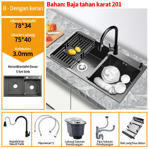 Wastafel Modern Wastafel Dapur Mewah Hitam Baja Tahan Karat 304/Set Wastafel Keran Tarik/Wastafel Pencuci Piring Baja Tahan Karat