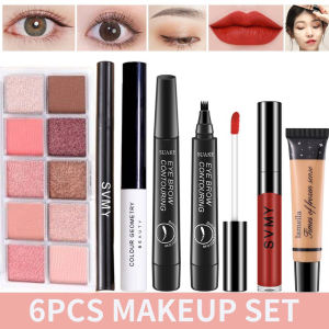 Lorzi 6pcs make up set Mascara+eyebrow Pencil+ foundation+ eyeliner+eyeshadow palette and brush+Lip Gloss makeup complete set