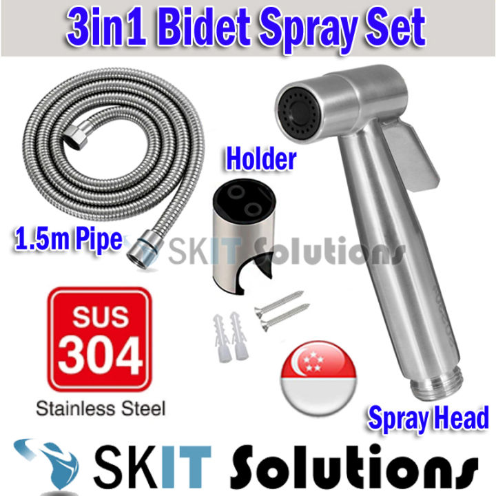 SKIT SG]Silver / Black 3in1 Stainless Steel Toilet Handheld Bidet Spray Sprayer Set with 1.5m Hose Pipe+Wall Mount Holder for Bathroom Toilet Accessories | Singapore