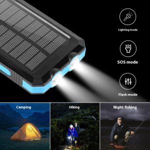 Ourunzhe 20000mAh Pin sạc dự phòng năng lượng mặt trời với đèn LED kép và la bàn cho cắm trại ngoài trời và sạc khẩn cấp