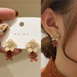Simple Coffee Flower Drop Dangle Earrings for Women  Korean Fashion Jewelry Wedding Party Girl Elegant Accessories