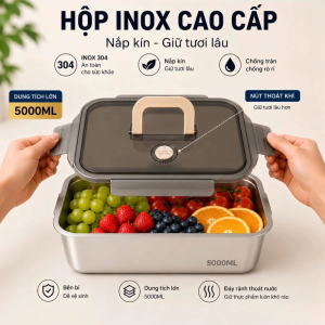 Hộp Bảo Quản Thực Phẩm Inox 304 Dung Tích 4000ml-5000ml Có Nắp Đậy Kín Chống Bay Mùi Tủ Lạnh Tiện Dụng