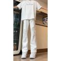 cleanfit Seluar Putih untuk Lelaki Musim Panas Tinggi Dilanjutkan Lurus Kaki Berkobar Seluar Jeans Koyak American High Street. 