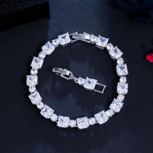 SEQUITO 2024 New Fashion Silver Color Tennis Bracelet Setting Square Yellow Red Blue AAA CZ Women High Quality Jewelry for Prom Party (Free Extended Clasp) B128