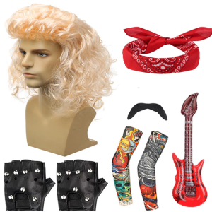 Men Music Star Fancy Dress Accessory Artificial Beards Wigs Glasses Inflatable Guitar Arm Sleeves Gloves Rocker Costume