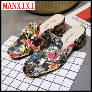 MANXIXI Brand Korean Version High Heels 1.57 Inches Slippers Fashion Mules Shoes Beautiful Flowers Pattern Sandals For Women (35-39 Size)