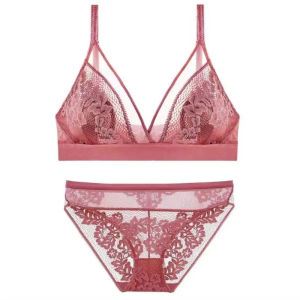INTIMA French Triangle Lace Bra Set For Women Wireless Push Up Underwear Ultra Thin Cup Seamless Bralette Lingerie Deep V Breasts Show Small Bra and Panties Set