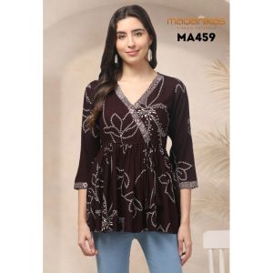 Madanikas Women’s Angrakha Short Kurti – V Neck 3/4 Sleeves with Adjustable Waist Tie MA Series