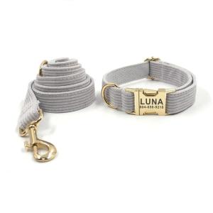 Vòng cổ cho chó được cá nhân hóa với khắc miễn phí Dây xích cho thú cưng phù hợp Danh bạ tùy chỉnh Khóa kim loại Vòng cổ cho thú cưng bằng vải nhung màu xám