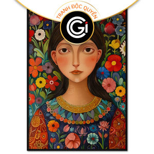 Tranh nghệ thuật cô gái dân tộc và hoa phong cách hiện đại trừu tượng.Tranh treo tường dán tường.CGI-893