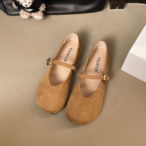 Free Shipping Soft Leather Version~Retro Suede Shoes For Women New Style Flat-Soled Round-Toe Ballet Flats With A Single-Strap Design