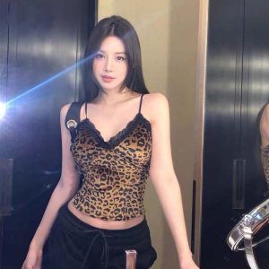 with Breast Pads Lace Leopard Print Camisole Splicing Lace Leopard Crop Tops Slim Fit Sleeveless Tanks Suspender Vest Travel H260729